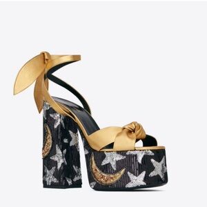 Saint Laurent SS19 Metallic Gold Leather & Sequin Stars Platform Sandal SZ 39